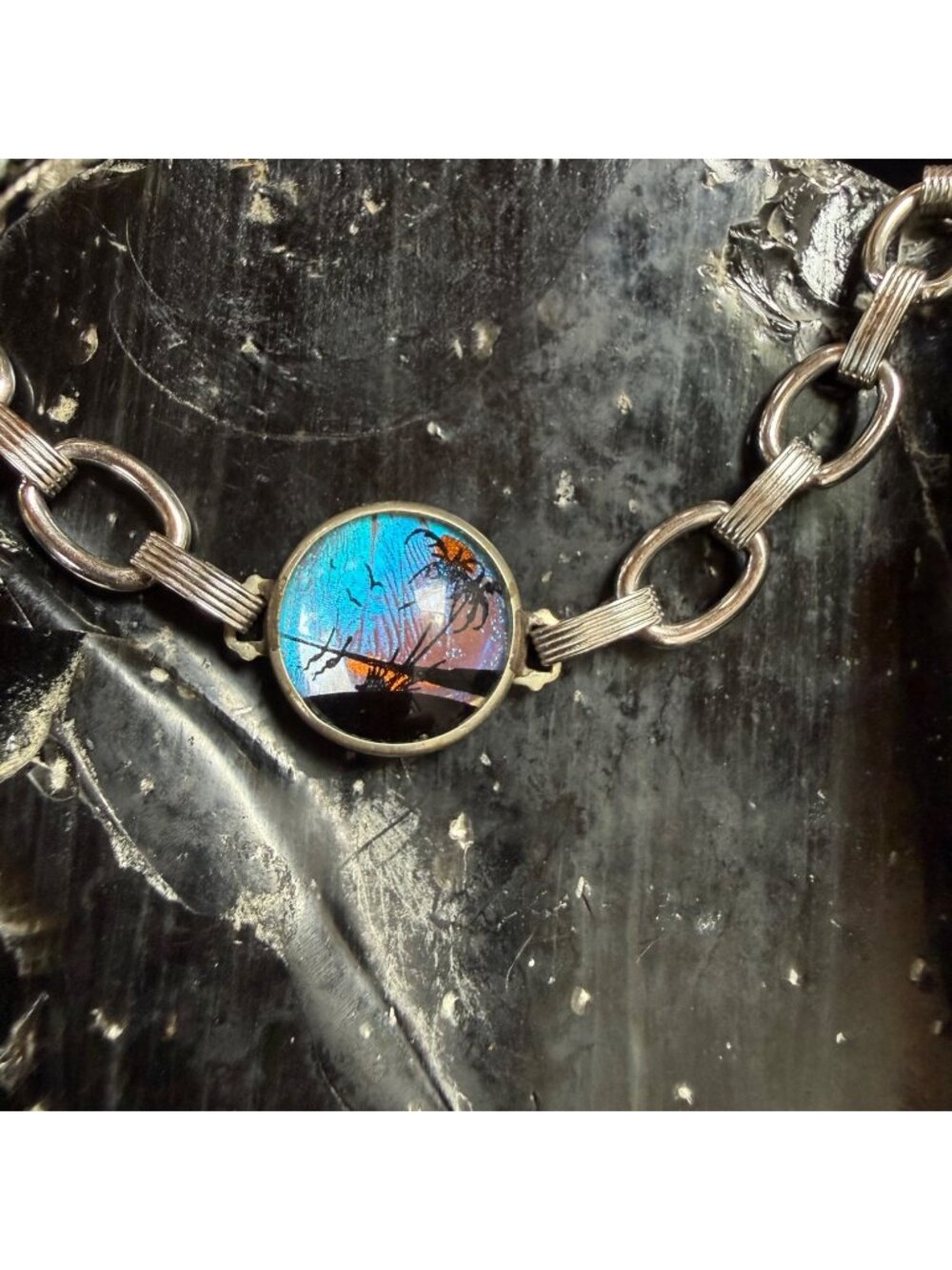 VTG Signed HOFFMAN Sterling Blue Morpho Butterfly Wing Single Panel Bracelet